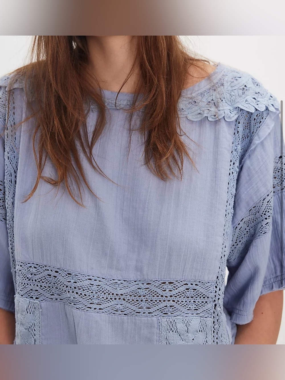 We the Free Rustic  Romance Boho Short Sleeve Lace Top in Dusty Blue Oversized M - Picture 8 of 15